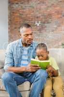 Father and son reading on the couch