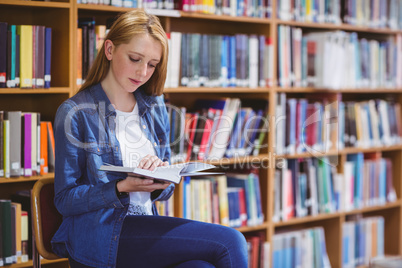 Pretty student sitting on chair reading book in library