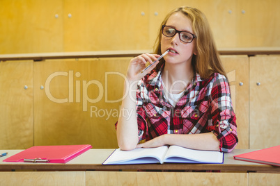 Thoughtful student biting pen