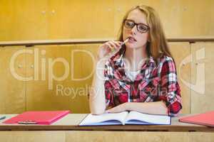 Thoughtful student biting pen