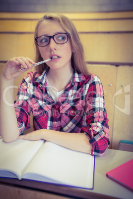 Thoughtful student biting pen