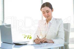 Businesswoman using her pc with documents