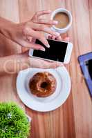 Overhead of feminine hands using smartphone