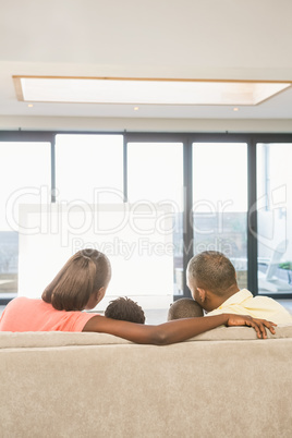 Over shoulder view of casual family watching tv