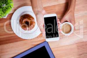 Overhead of feminine hand using smartphone