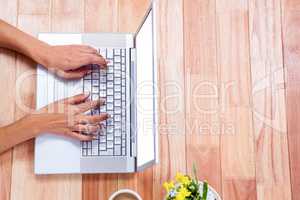 Overhead of feminine hands using laptop