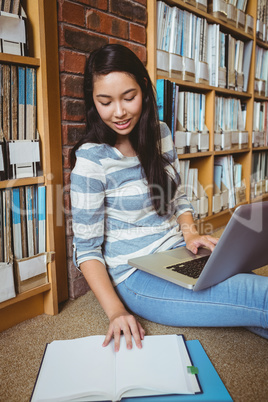 Smiling student sitting on the floor against wall in library stu