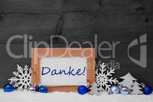 Blue Gray Christmas Decoration, Snow, Danke Mean Thank You