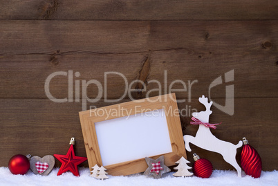 Red Christmas Card With Decoration On Snow, Copy Space