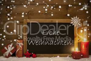Card, Blackboard, Snowflakes, Frohe Weihnachten Mean Christmas