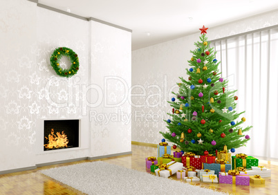 Interior of living room with christmas tree 3d render
