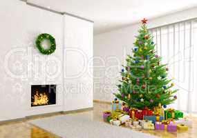 Interior of living room with christmas tree 3d render
