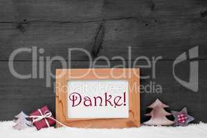 Gray Frame With Christmas Decoration, Snow, Danke Mean Thank You