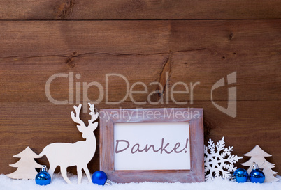 Christmas Card With Blue Decoration, Danke Mean Thanks, Snow