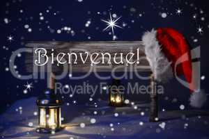 Christmas Sign Candlelight Santa Hat Bienvenue Means Welcome