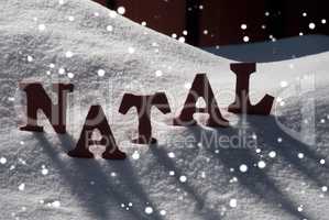 Card With Snow And Word Natal Mean Christmas, Snowflakes
