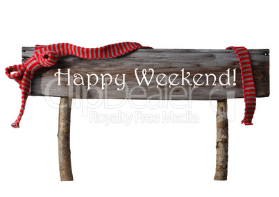Brown Isolated Christmas Sign Happy Weekend, Red Ribbon