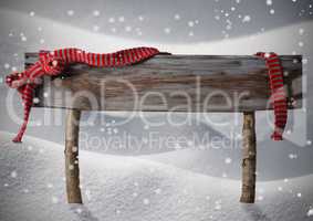 Brown Christmas Sign Copy On Snow, Red Ribbon, Snowflakes