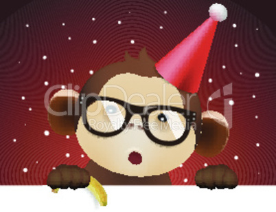Cute funny monkey holding white page, greeting Christmas card, vector illustration.