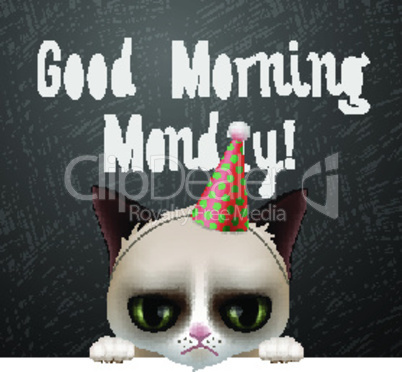 Good morning Monday, with cute grumpy cat, vector illustration.