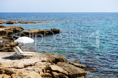 The sunbeds on a beach at luxury hotel, Crete, Greece