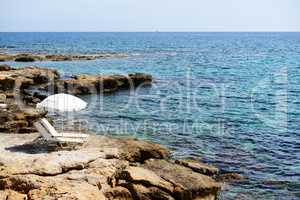 The sunbeds on a beach at luxury hotel, Crete, Greece