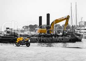 Motorcycle with an excavator in black and yellow