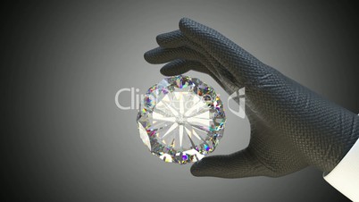 Hand in glove holding huge gemstone or diamond with alpha matte