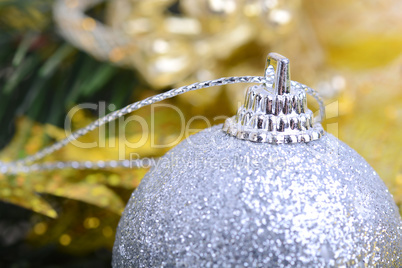 Christmas background with baubles and beauty bokeh, new year concept, close up