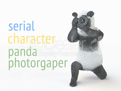 panda animail character photographer camera takes picture isolated background 3d cg render illustration