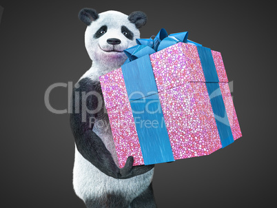 panda animail character gift box surprise holidays standing on dark background isolated download buy picture