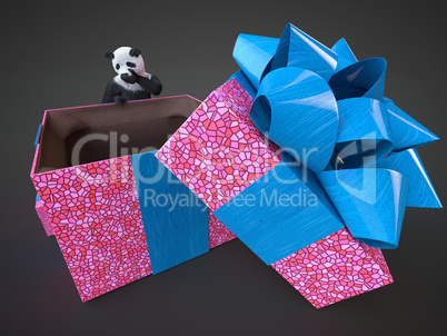 panda animail character gift box surprise holidays standing on dark background isolated download buy picture digital illustration