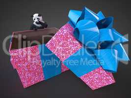 panda animail character gift box surprise holidays standing on dark background isolated download buy picture digital illustration