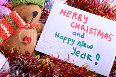 german Christmas card with teddy bear. Merry Christmas and a happy New Year