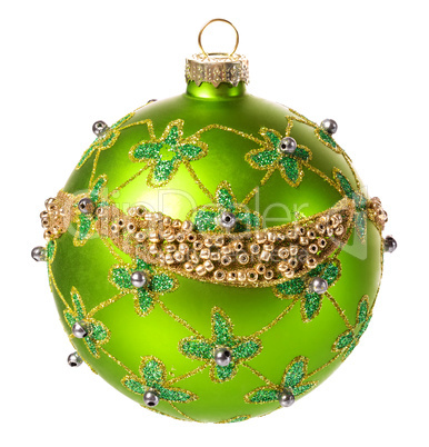 beautiful green christmas ball with a Christmas ornament isolated on white background