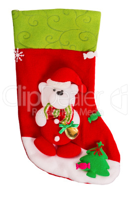 Santa's red stocking. Concept of christmas or holiday. Christmas sock isolated on white background