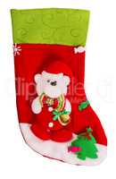 Santa's red stocking. Concept of christmas or holiday. Christmas sock isolated on white background