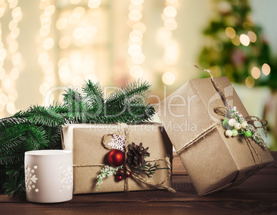 Beautiful Christmas holiday gift shopping background. View from above with copy space. Element for design