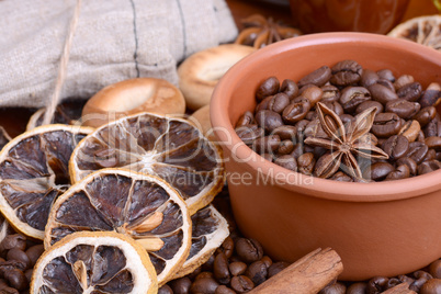 coffee beans, old lemon, cinnamon and aroma spice