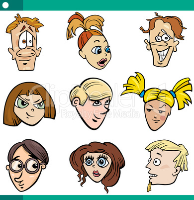 cartoon teens characters faces set