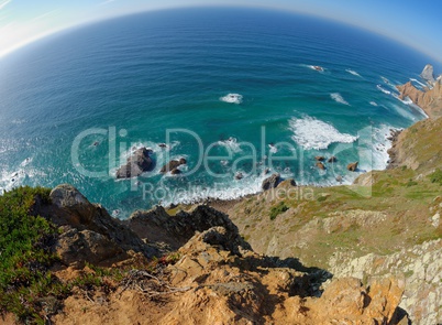 Fisheye view of rocky sea coast at Cabo Da Roca, Portugal