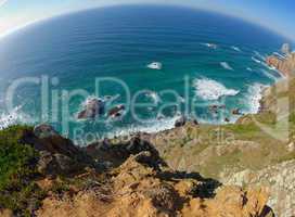 Fisheye view of rocky sea coast at Cabo Da Roca, Portugal