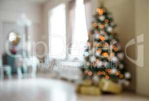 Defocused background Living room with christmas tree