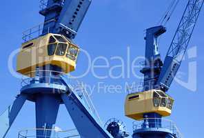 Large blue and yellow cranes in harbor