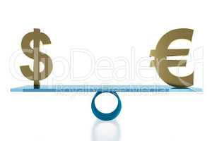 Sign Dollar and euro signs balancing on the board