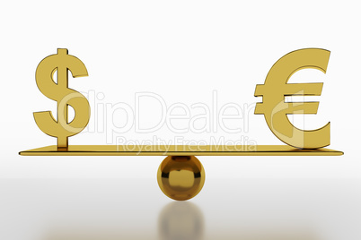 Sign Dollar and euro signs balancing on the board