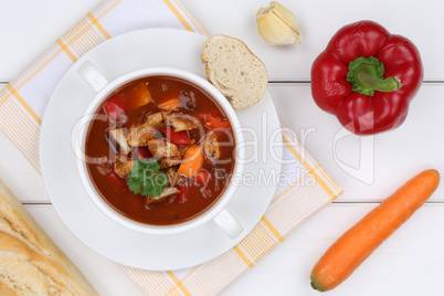 Gulasch Suppe Gulaschsuppe Suppentasse mit Fleisch und Paprika v