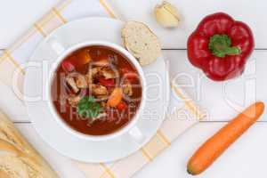 Gulasch Suppe Gulaschsuppe Suppentasse mit Fleisch und Paprika v