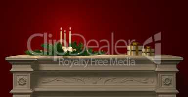 Christmas decoration with candles on the fireplace 3d rendering
