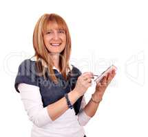 beautiful happy girl holding tablet
